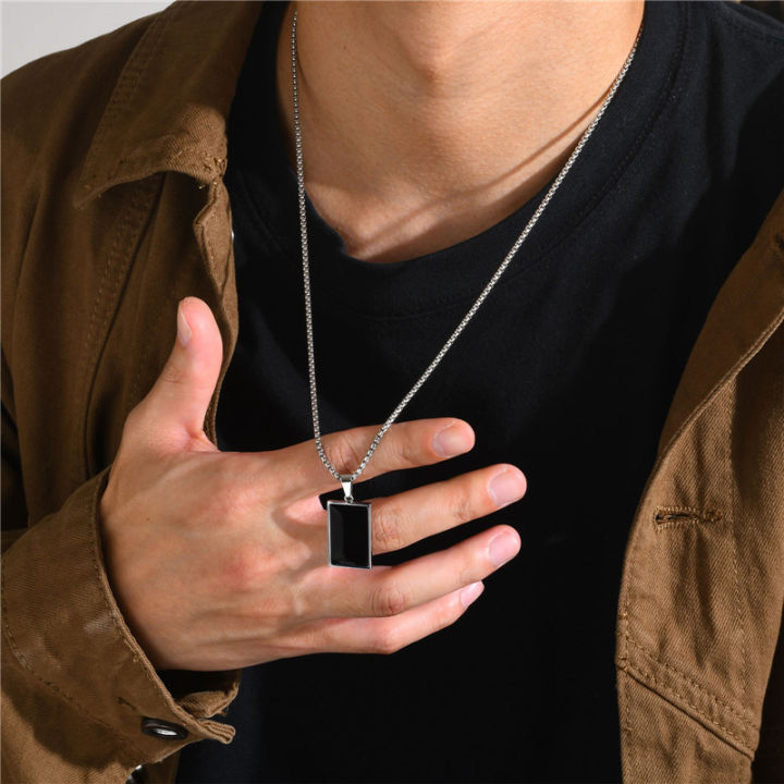 Classic Onyx Black Stone Pendent-Chain-For Both Boys And Girls-Unisex-Silver Chain And Black Stone-Stainless Material: